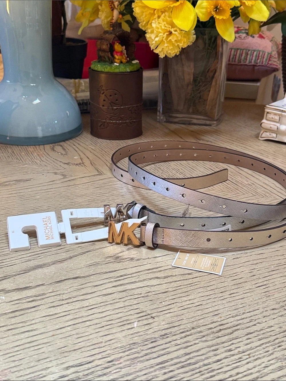 Michael Kors Metallic   Gold and  Silver MK Logo Skinny Belt
